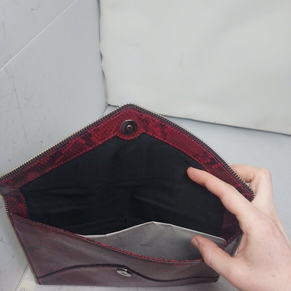 Rebecca Minkoff Zipper  Red Burgundy Snakeskin Envelope Clutch - Picture 6 of 8